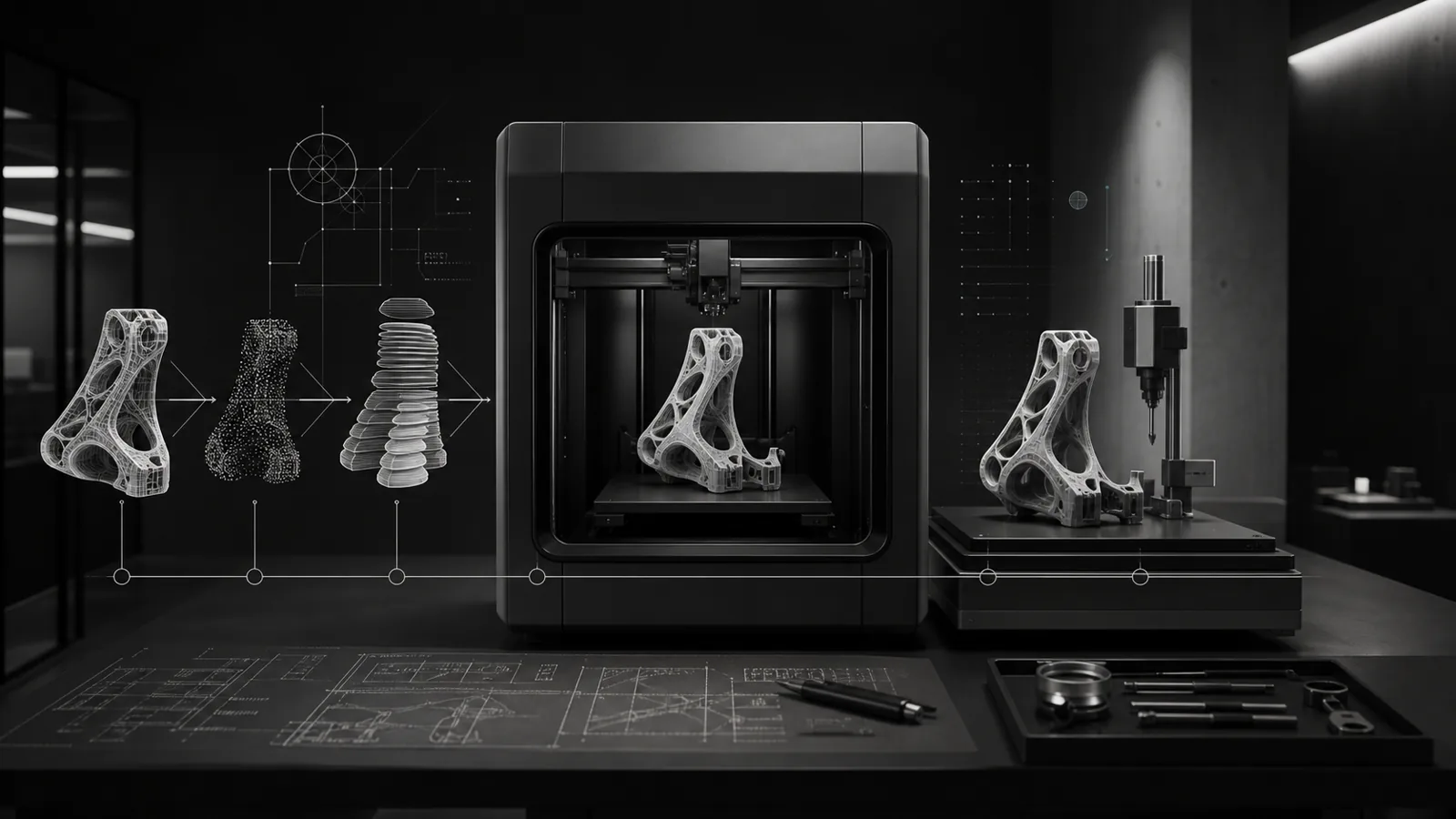 Monochrome digital fabrication studio with a 3D printer, sliced model stages, printed component, and inspection station.
