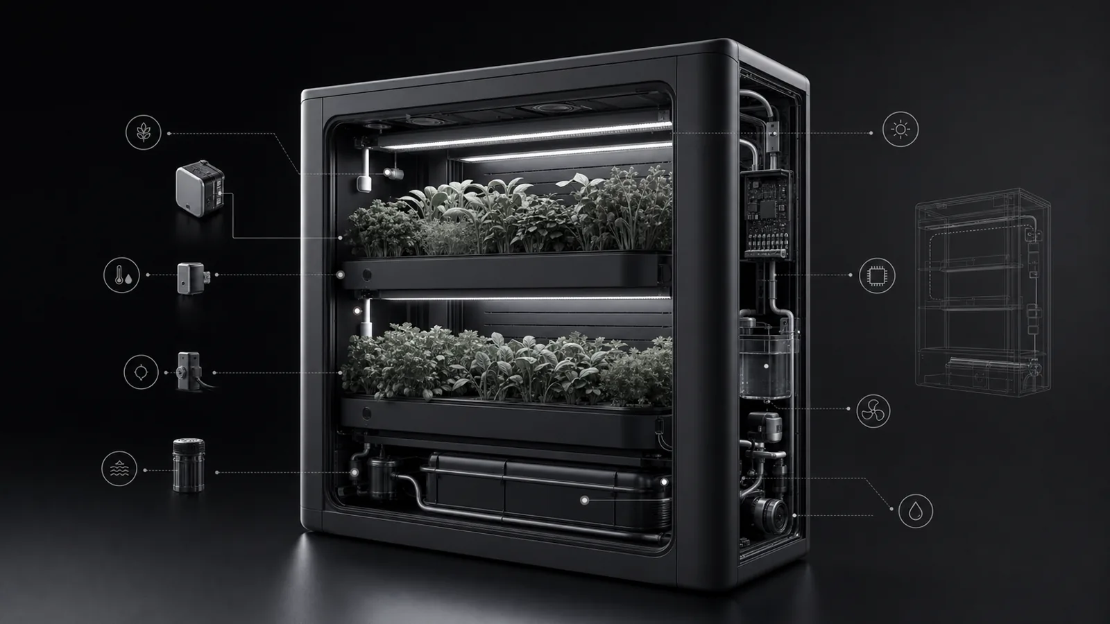 Monochrome smart hydroponic cabinet with plant trays, sensor nodes, lighting, and fluid-control hardware.