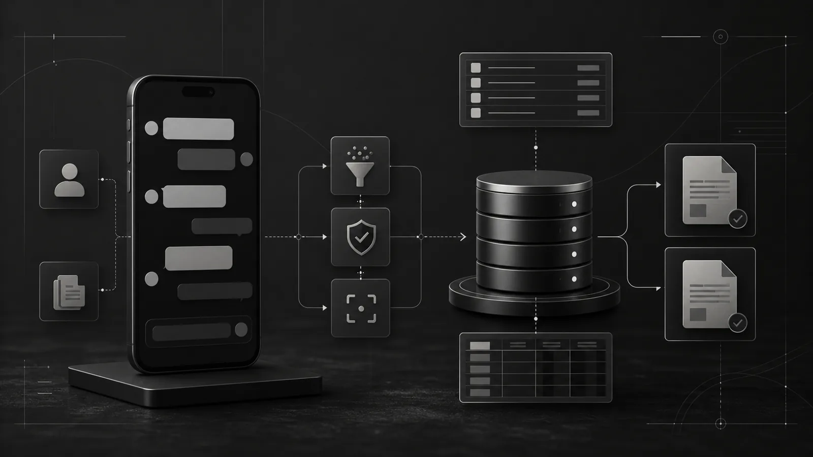 Monochrome conversational record workflow linking an unbranded mobile interface, validation steps, database, and structured documents.